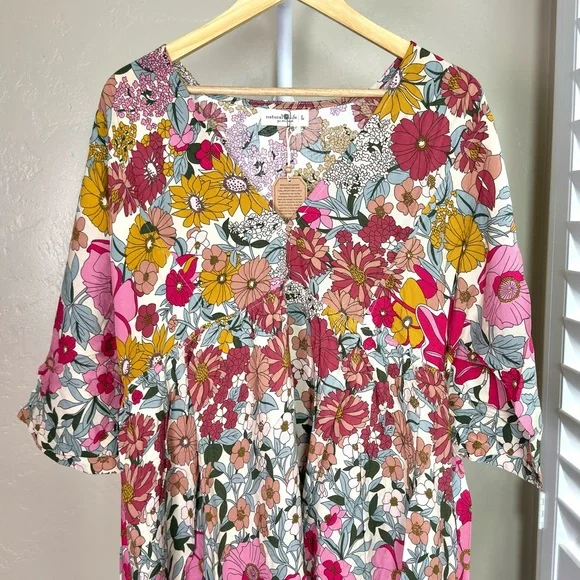 NATURAL LIFE Stella Babydoll Mini Dress Large NWT Pink Floral Boho - Picture 5 of 10